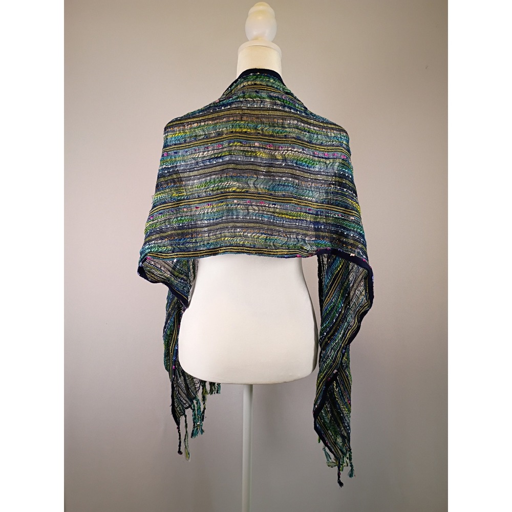 Boho Artsy Unbranded Womens OS Multi Color Striped Textured Fringe Gauze Scarf